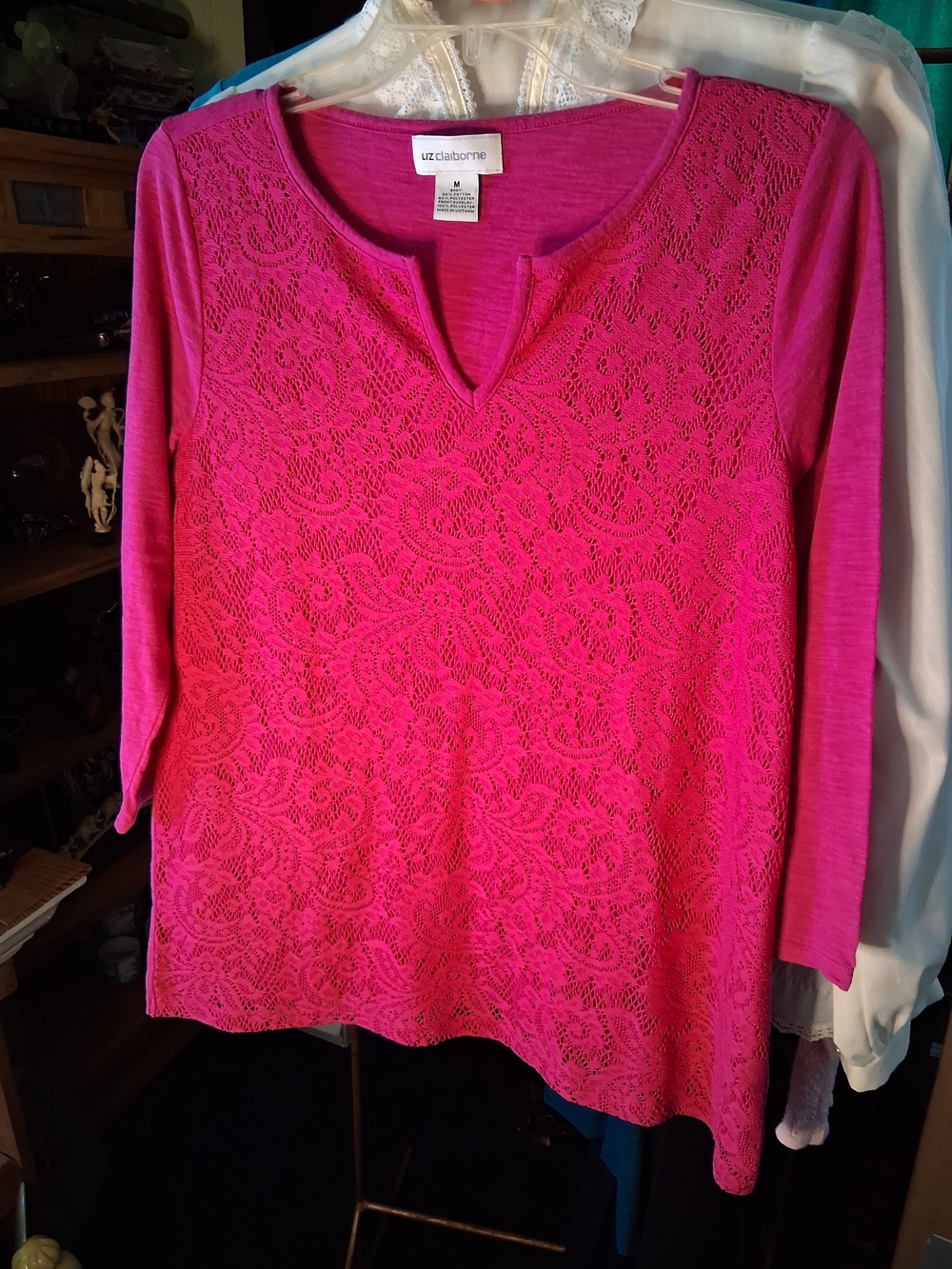 Liz Claiborne Hot Pink Lace Front Split-Neck Women's Top